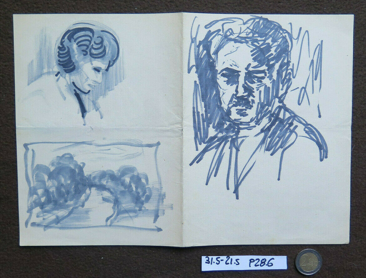 VECCHIO DISEGNO BOZZETTO STUDIO RITRATTO MASCHILE FEMMINILE VOLTI UMANI P28.6