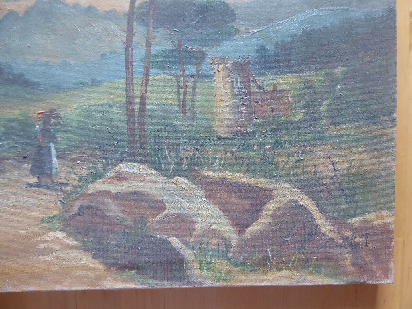 QUADRO ANTICO SPAGNOLO FIRMATO MARCIAL PAESAGGIO CAMPAGNA OLIO SU TELA MD7 - Belbello Antiques