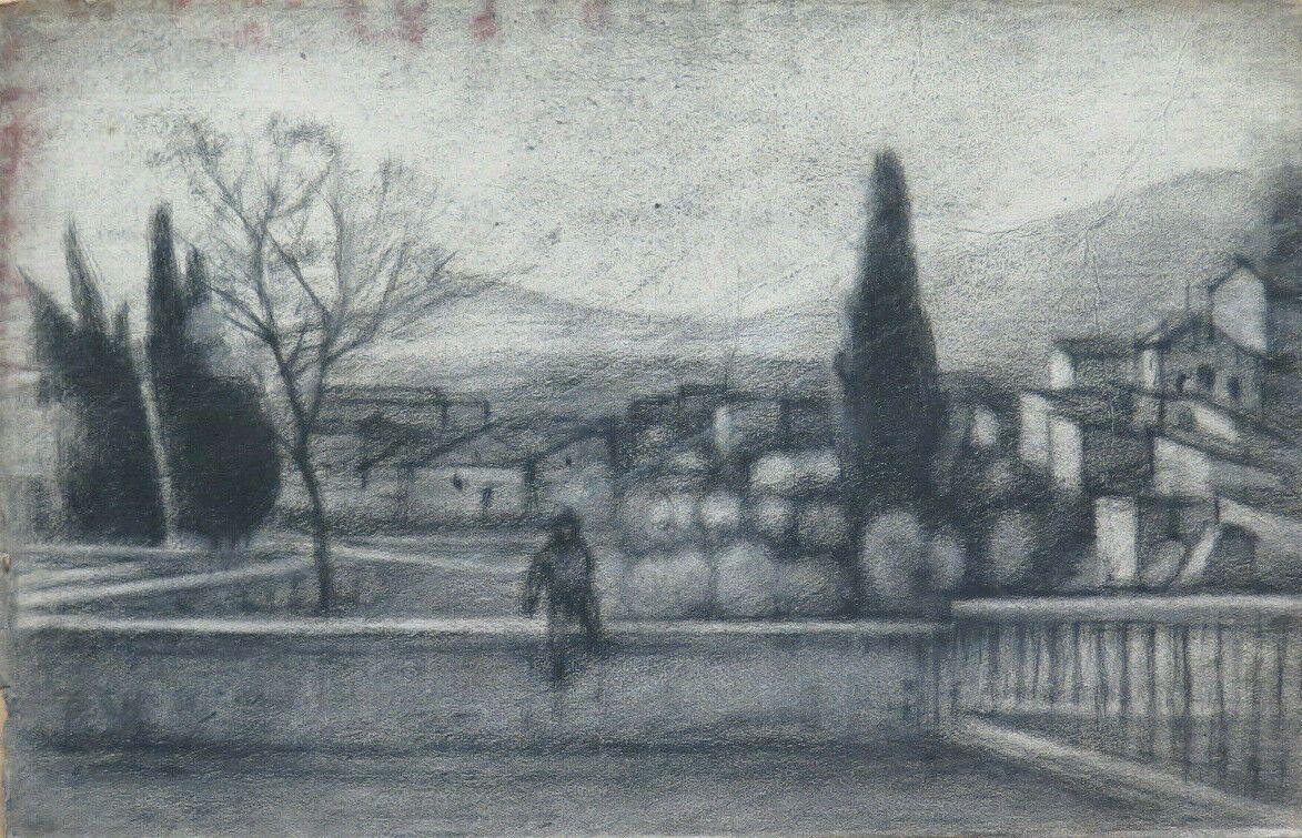 QUADRO ANTICO CARBONCINO PAESAGGIO DI CAMPAGNA Pierre Duteurtre detto DUT BM53.1 - Belbello Antiques