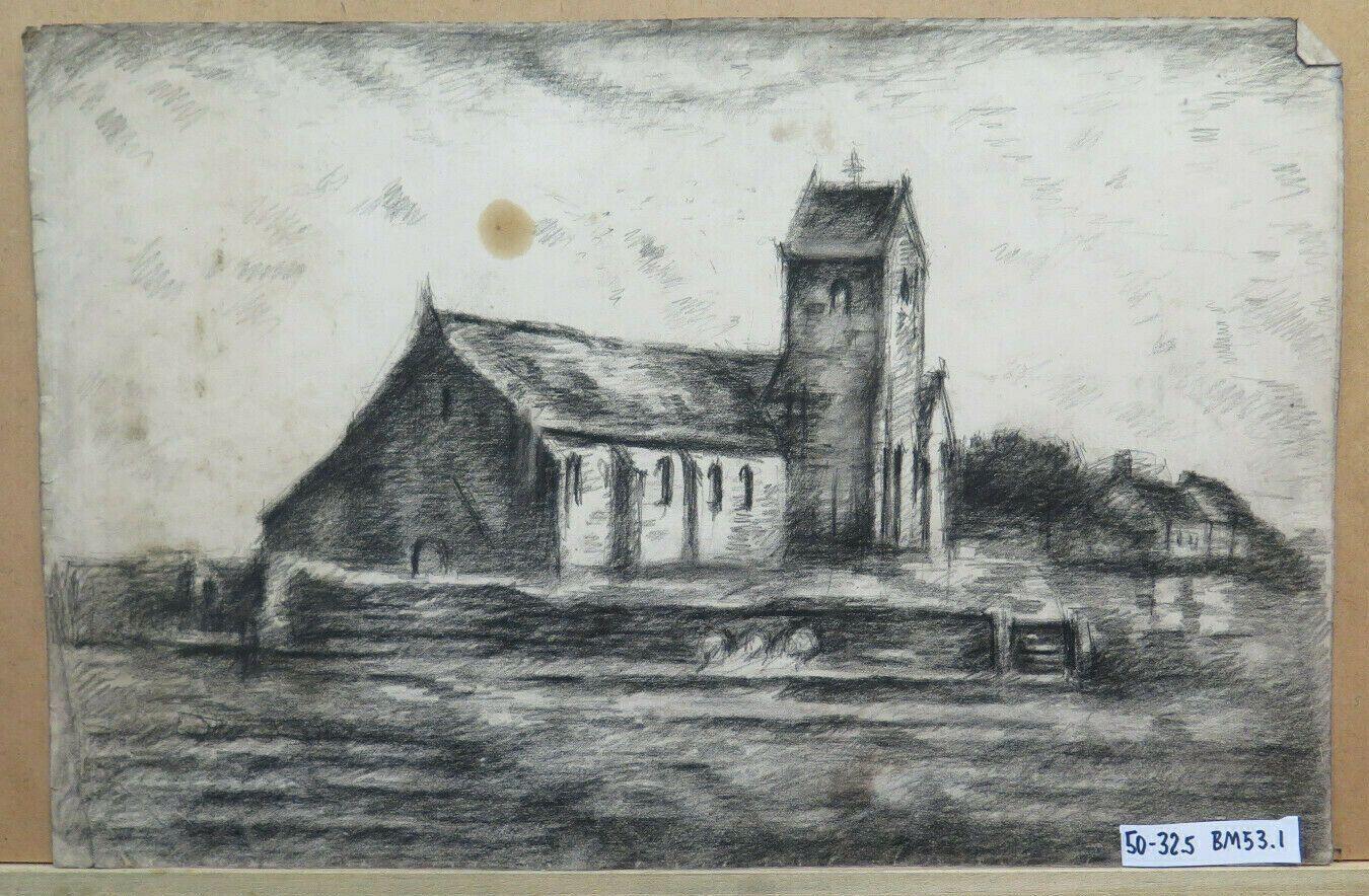 DISEGNO ANTICO VEDUTA CHIESA CAMPAGNA FRANCIA  Pierre Duteurtre detto DUT BM53.1 - Belbello Antiques