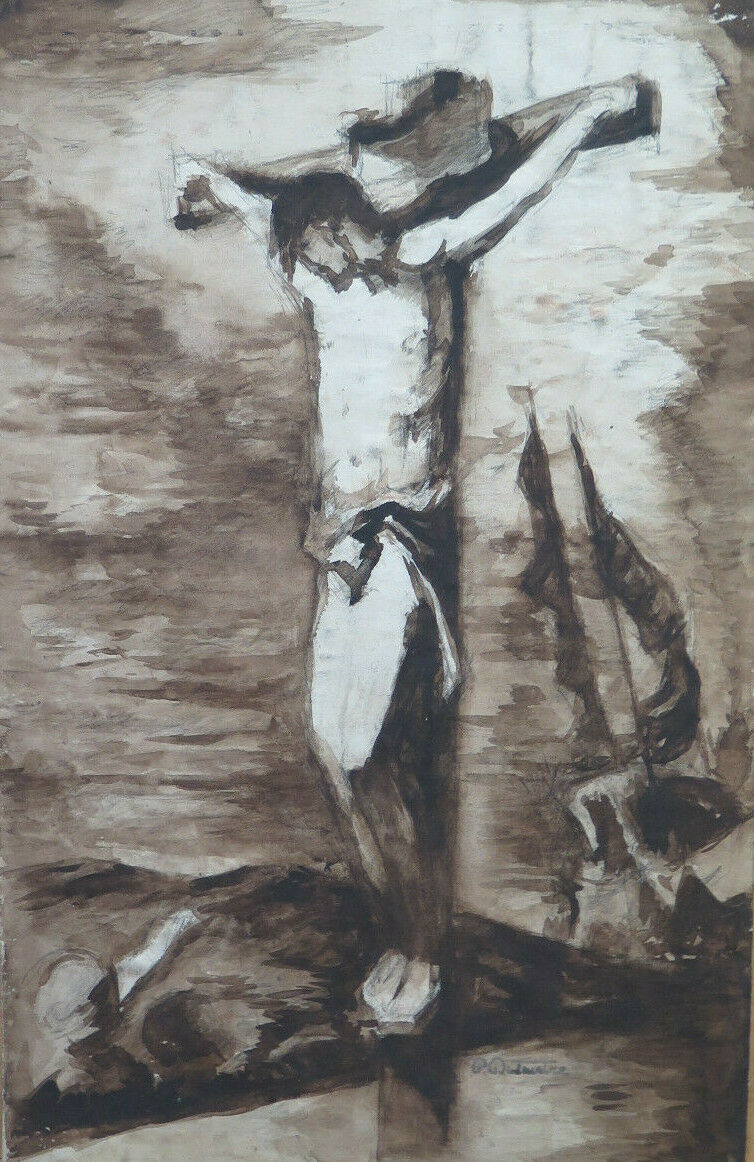 CRUCIFIXION OF JESUS ​​CHRIST ANCIENT PAINTING ARTIST Pierre Duteurtre DUT BM53.1 b 