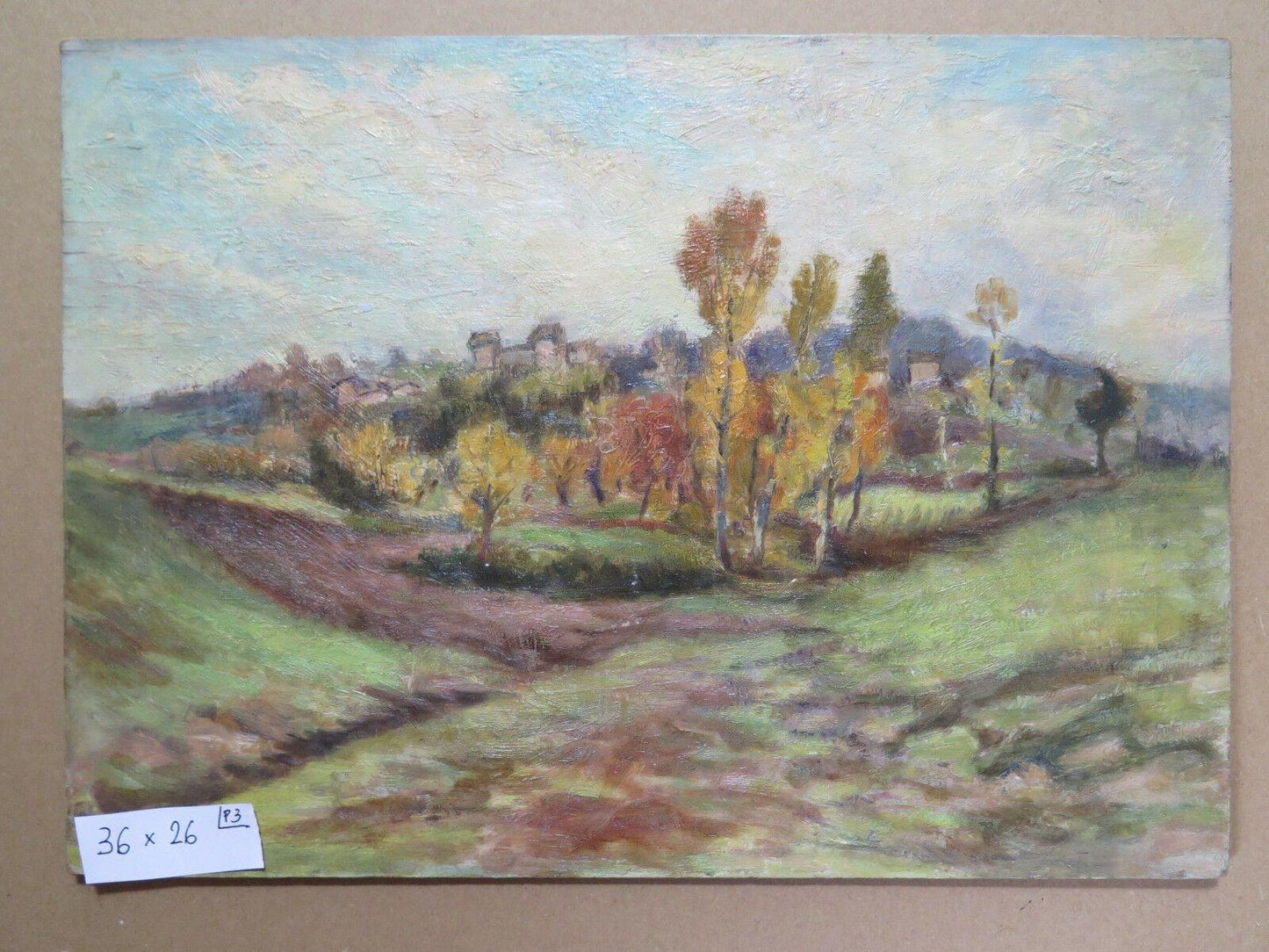 QUADRO ANTICO PAESAGGIO IN STILE IMPRESSIONISTA VEDUTA DI PAESE CAMPAGNA p3 - Belbello Antiques