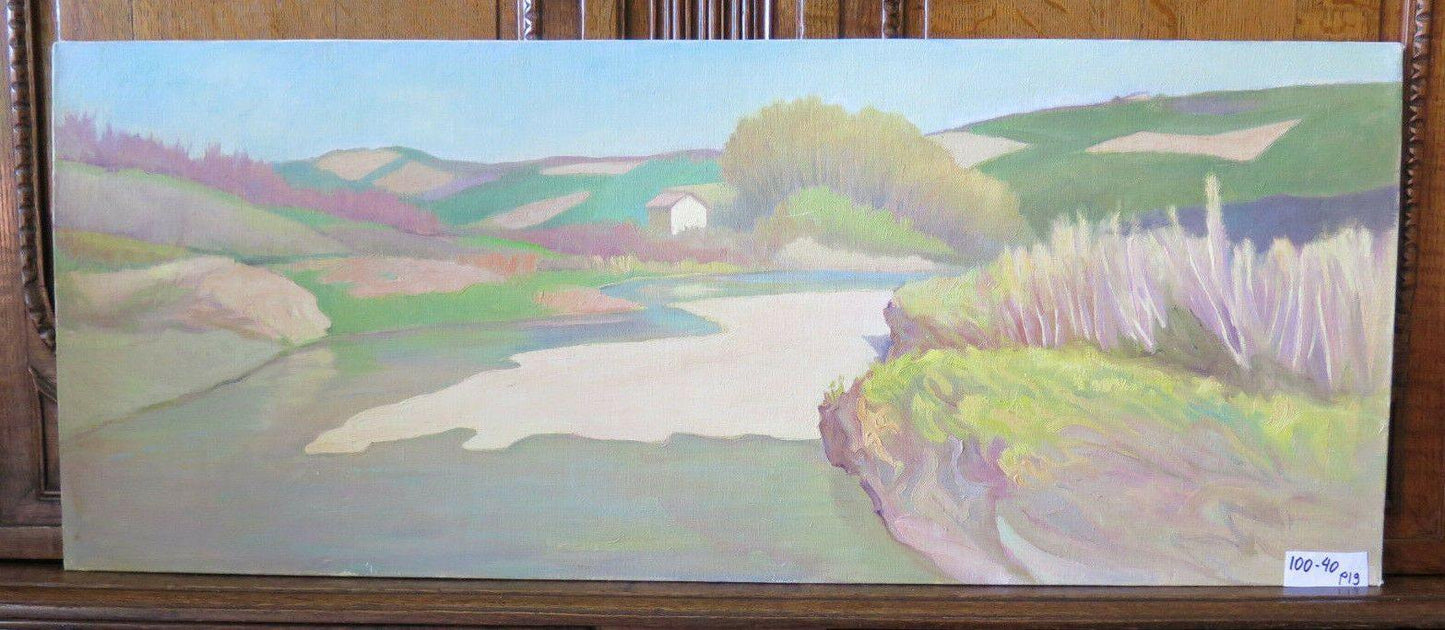 100x40 cm QUADRO OLIO VINTAGE PAESAGGIO VEDUTA CAMPAGNA DIPINTO PANORAMICO P19 - Belbello Antiques