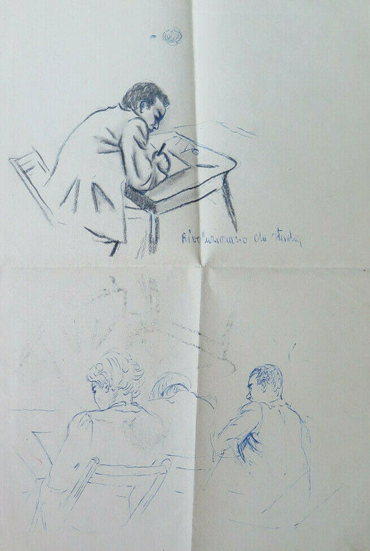 ANTIQUE PORTRAIT DRAWING REVOLUTIONARY STUDYING COMMUNIST 1950s P28.6