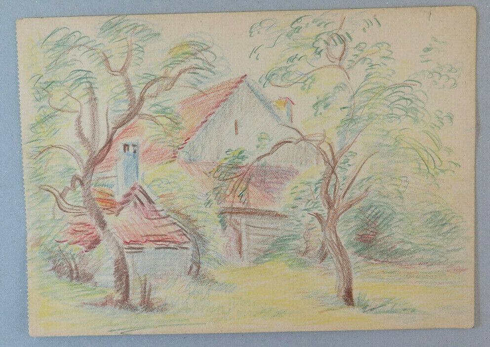 VECCHIO DISEGNO FIRMATO BISCHOFF ANNI 60 VEDUTA DI CAMPAGNA MATITA CARTA BM53.2