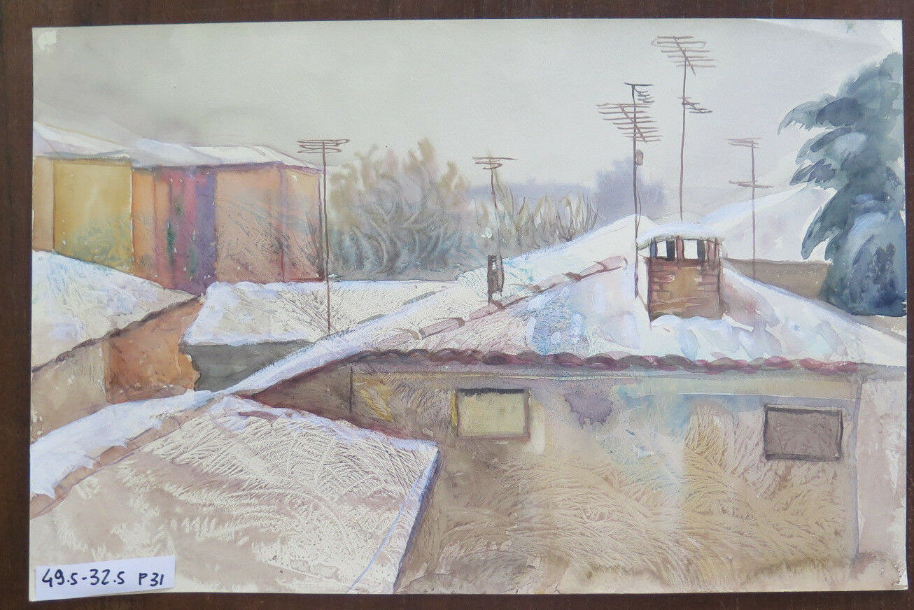 MODERN PAINTING FROM THE 60'S/70'S VIEW OF THE CITY LANDSCAPE SEEN FROM THE WINDOW P31