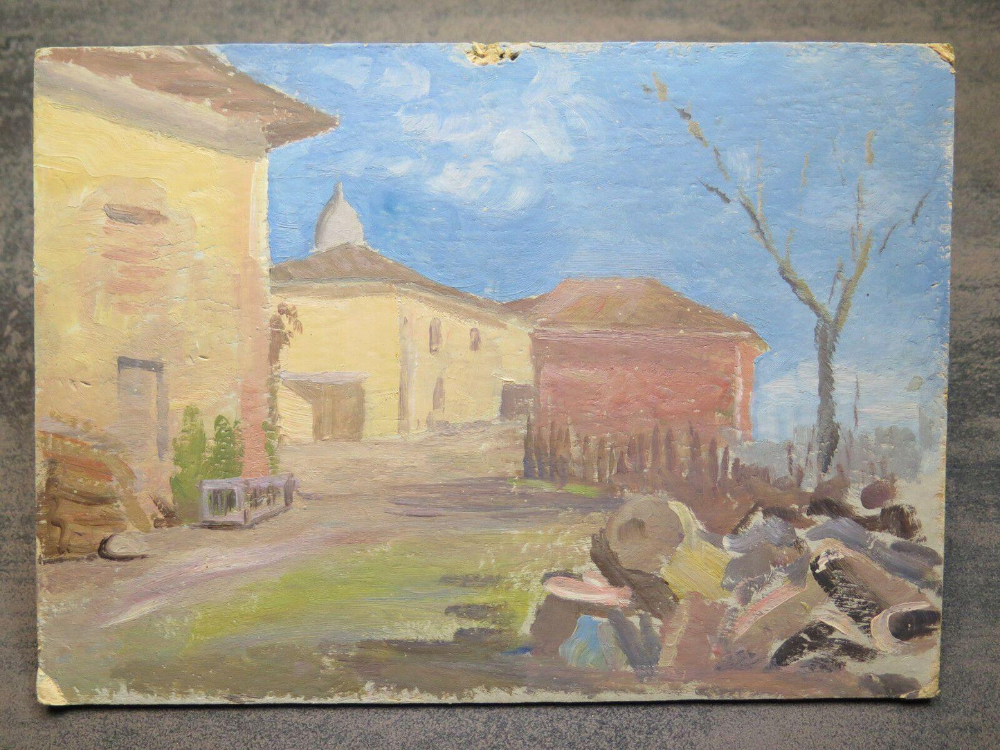 24x17,5 cm PICCOLO DIPINTO AD OLIO VINTAGE VEDUTA VECCHIO BORGO DI CAMPAGNA P1 - Belbello Antiques