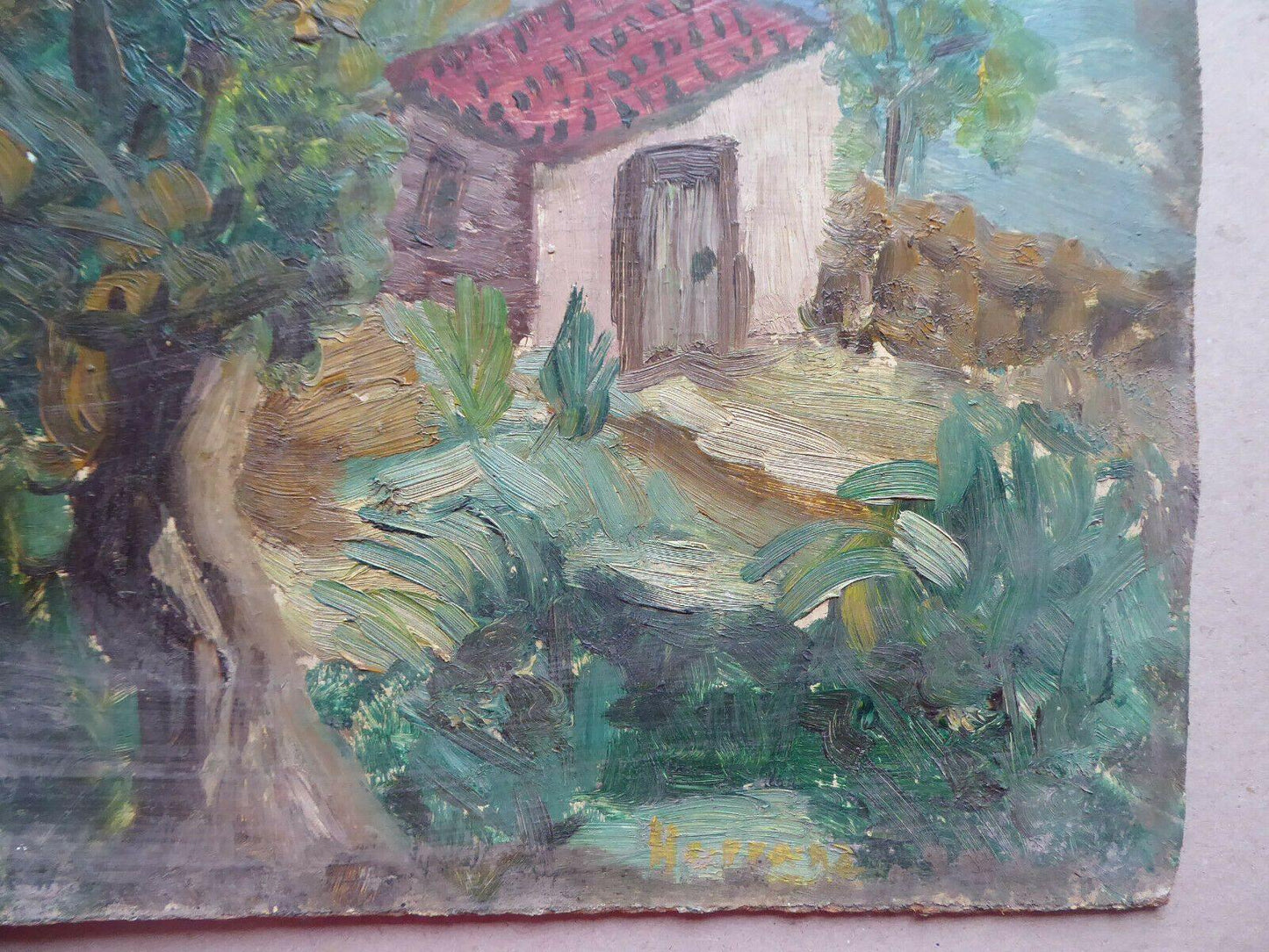 38x46cm QUADRO OLIO TAVOLA VINTAGE PAESAGGIO BOZZETTO PITTORE SPAGNOLO MD10 - Belbello Antiques