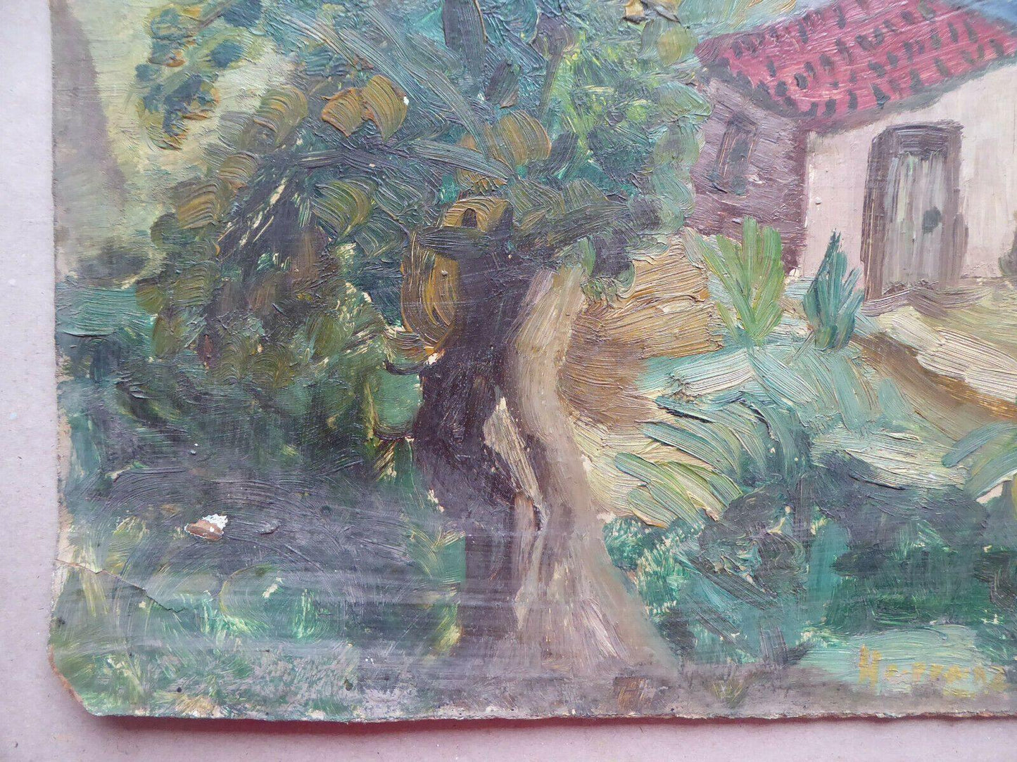 38x46cm QUADRO OLIO TAVOLA VINTAGE PAESAGGIO BOZZETTO PITTORE SPAGNOLO MD10 - Belbello Antiques