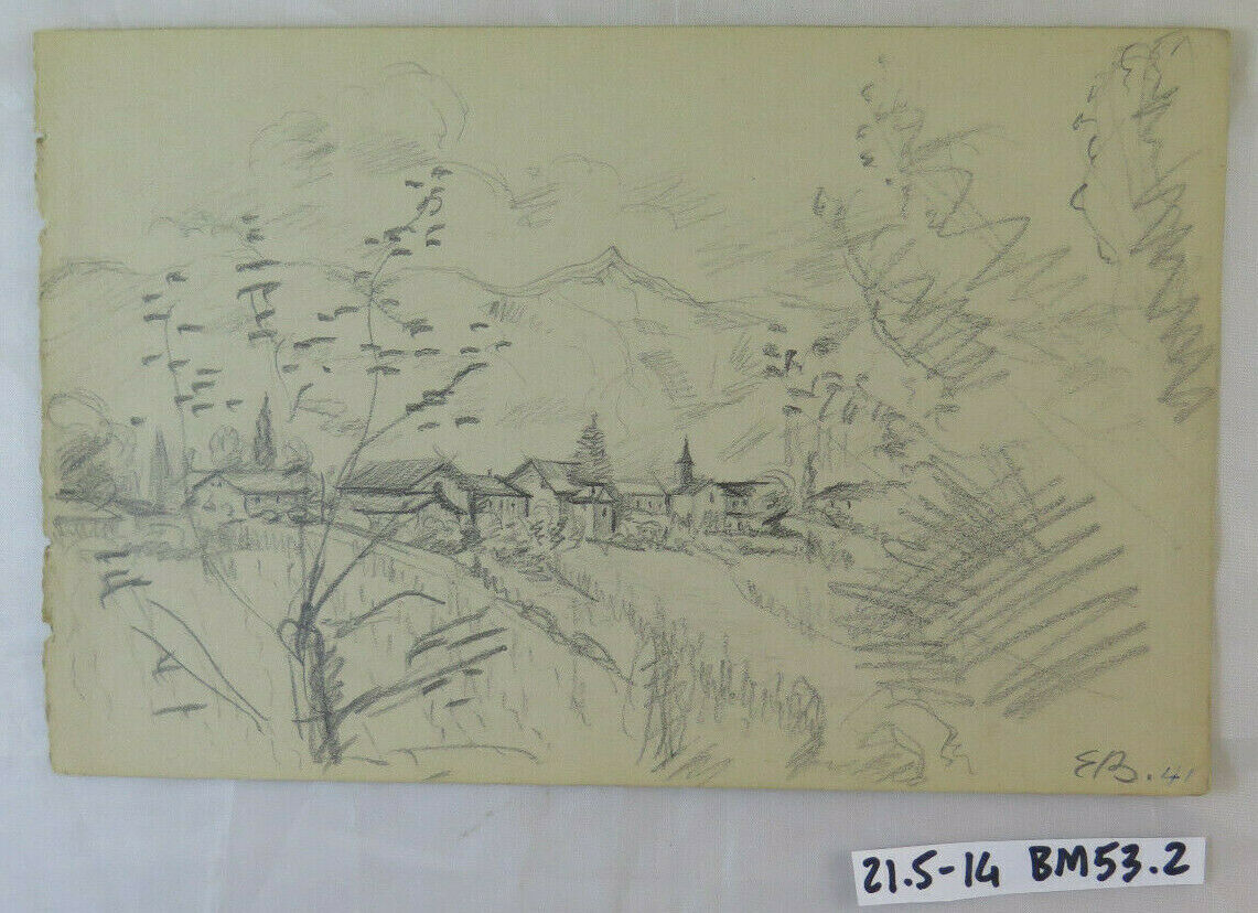 DISEGNO ANTICO FIRMATO BISCHOFF ANNI 40 PAESAGGIO ALPINO ALPI SVIZZERA BM53.2