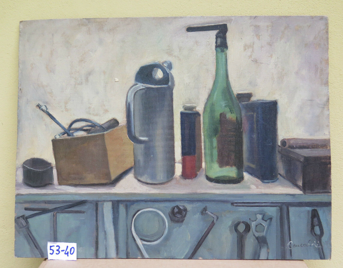 MODERN WORKSHOP INTERIOR OIL PAINTING WITH ANCIENT TRADE TOOLS SIGNED