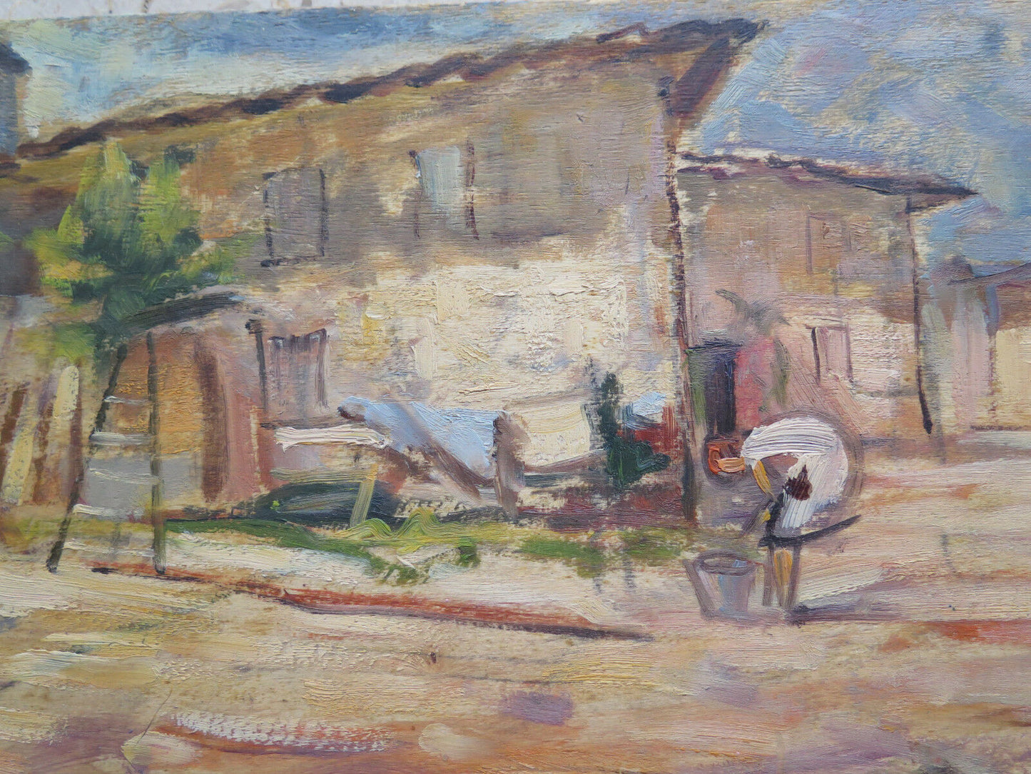 66x21 cm QUADRO AD OLIO SU TAVOLA VINTAGE PAESAGGIO VEDUTA CASA DI CAMPAGNA P21