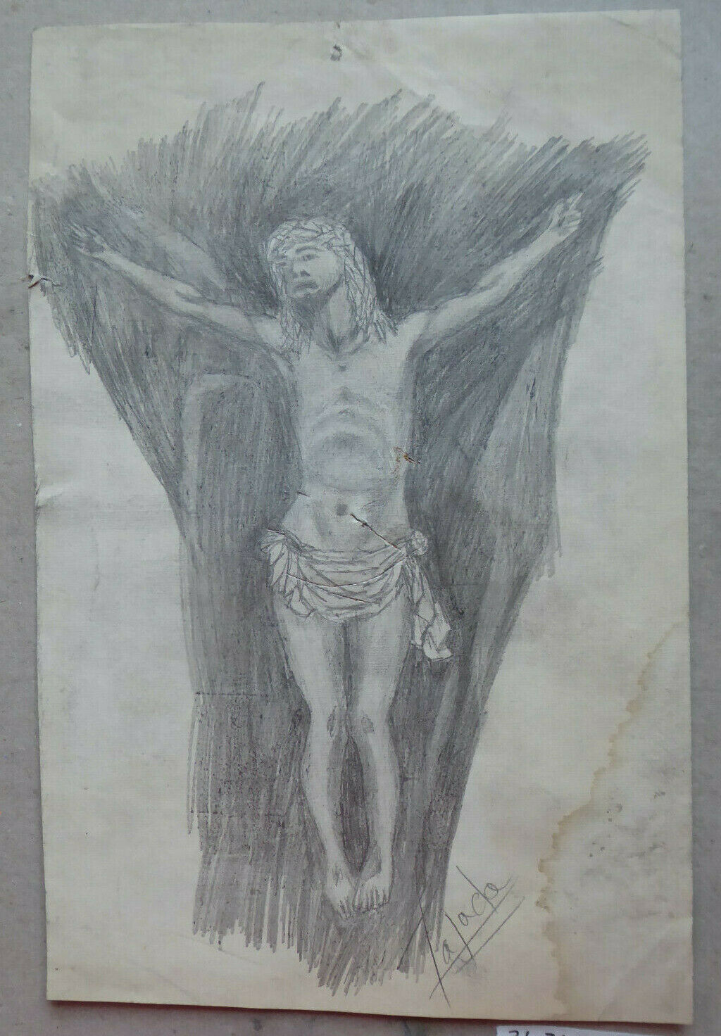 DISEGNO FIRMATO TAJADA CROCIFISSIONE GESÙ CRISTO CROCE VINTAGE VECCHIO MD10 - Belbello Antiques