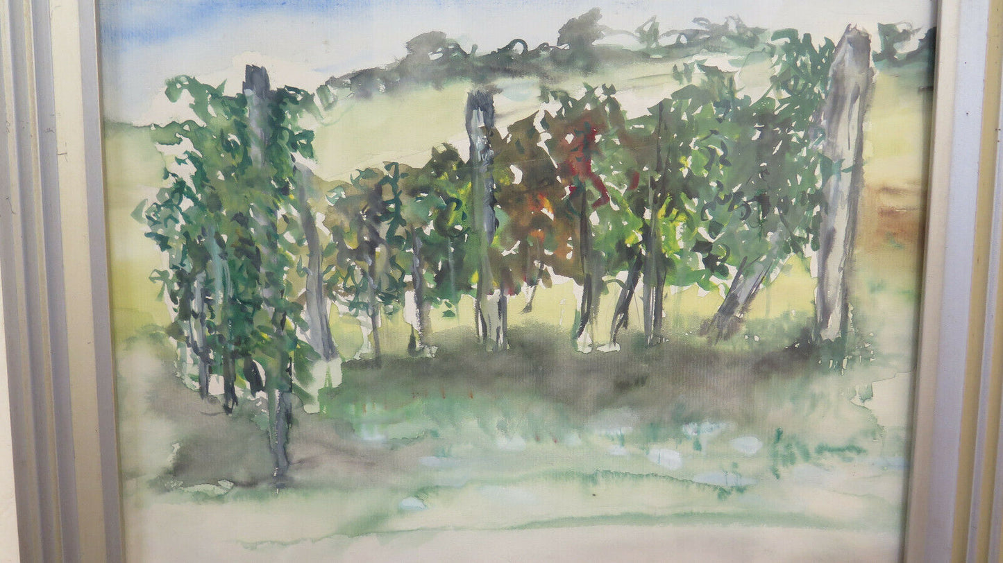 VINTAGE PAINTING LANDSCAPE WITH VINEYARDS SIGNED FRANCE 900 WATERCOLOR PAINTING BM51