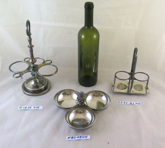 TWO OLIVE OILS AND A CUP IN SILVER METAL OLD VINTAGE OIL CRUET X15 