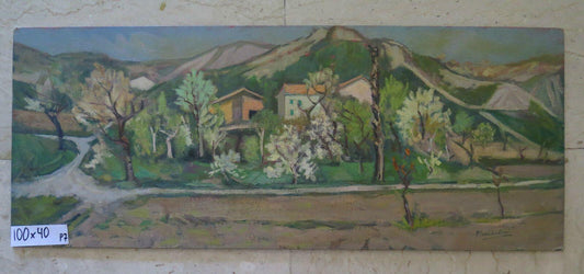 QUADRO ANTICO DIPINTO OLIO SU TAVOLA FIRMATO PAESAGGIO IN PRIMAVERA 100x40 p7 - Belbello Antiques