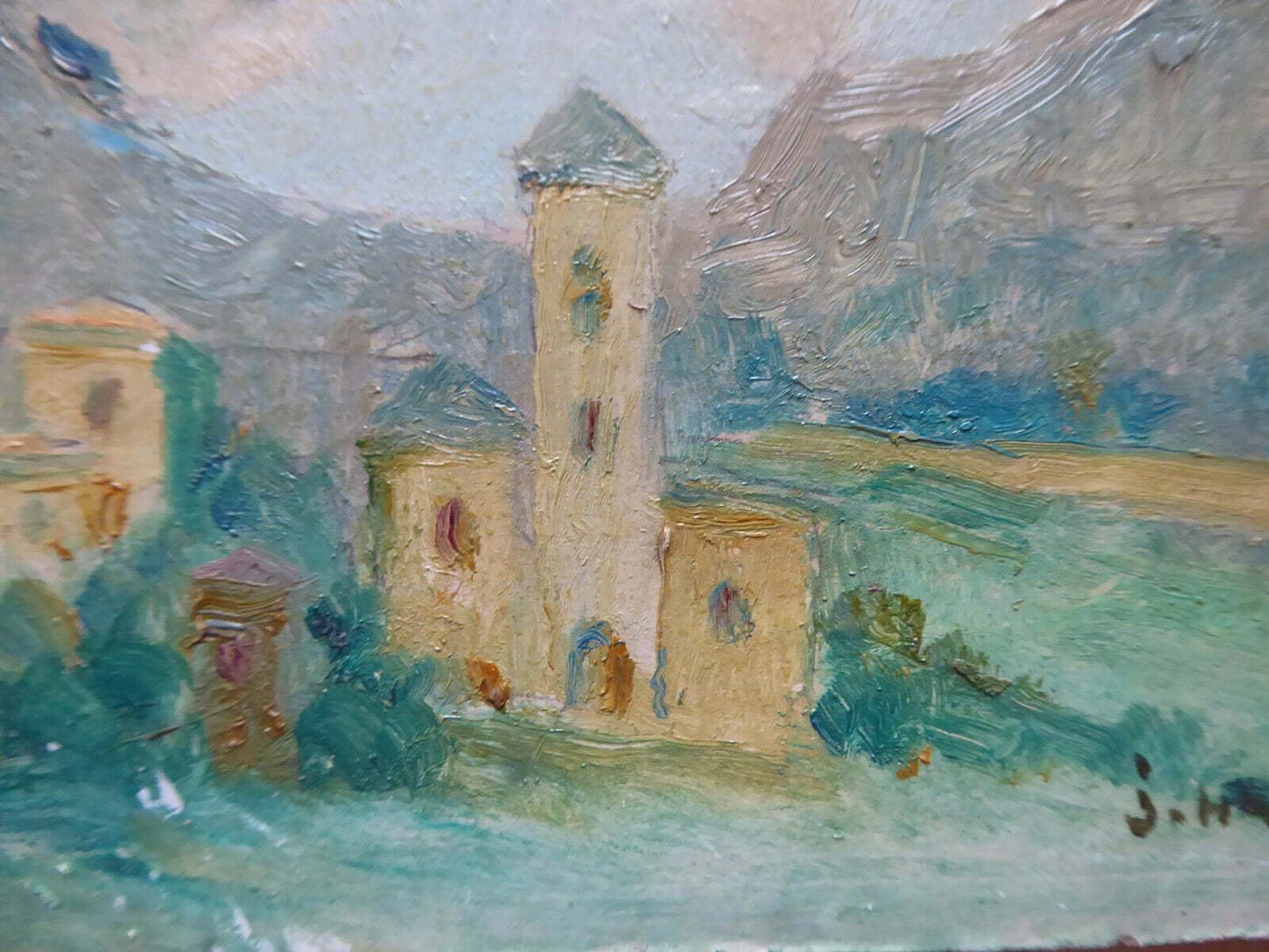 PAESAGGIO SPAGNOLO VECCHIO QUADRO DIPINTO AD OLIO SU TAVOLA FIRMATO VINTAGE MD2