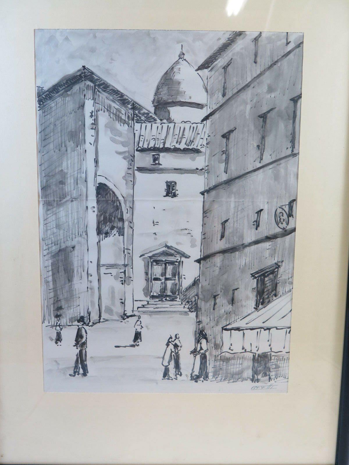 GENOVA CENTRO STORICO QUADRO VINTAGE DIPINTO ACQUERELLO SU CARTA VEDUTA  G38 - Belbello Antiques