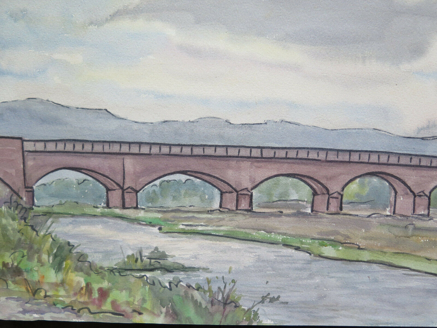 OLD WATERCOLOR PAINTING VIEW OF THE SPILAMBERTO BRIDGE 38x21 cm P14