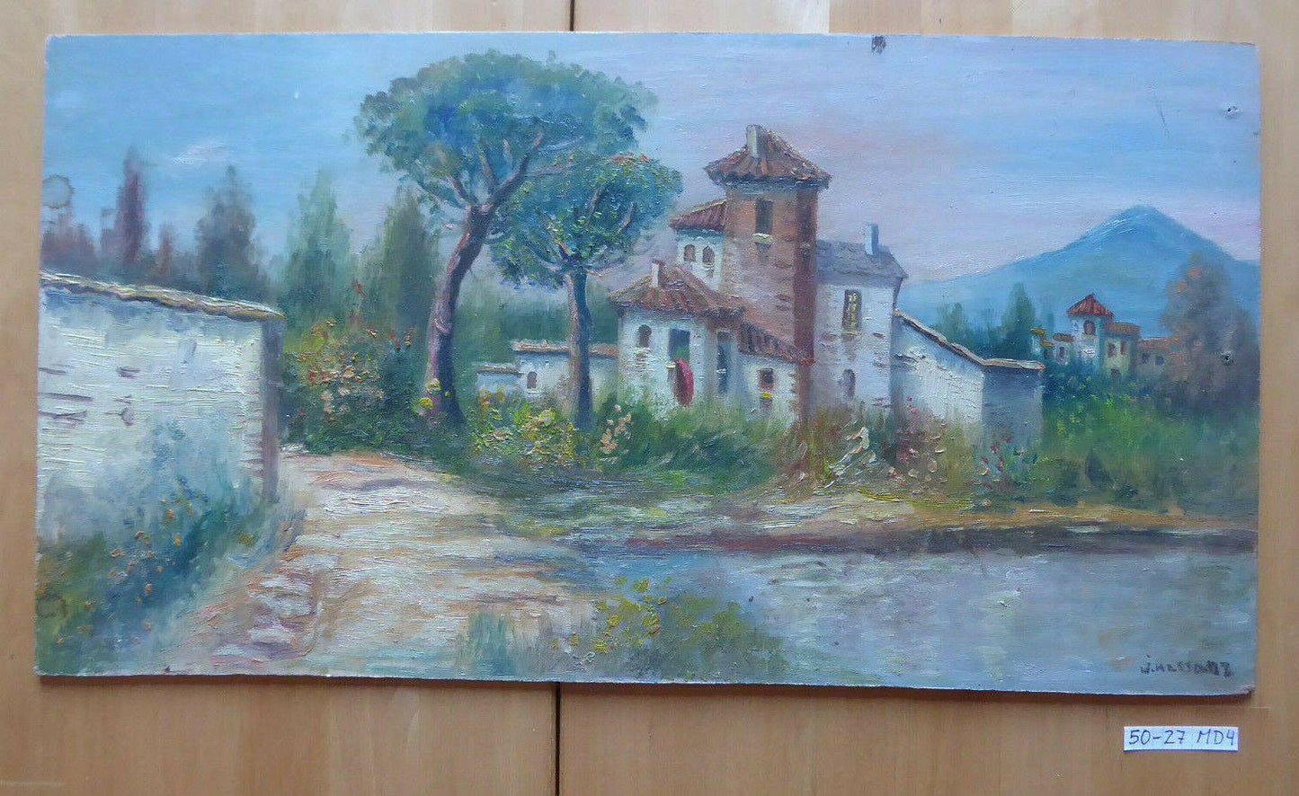 VECCHIO DIPINTO IN STILE IMPRESSIONISTA PAESAGGIO CAMPAGNA SPAGNA FIRMATO MD4 - Belbello Antiques