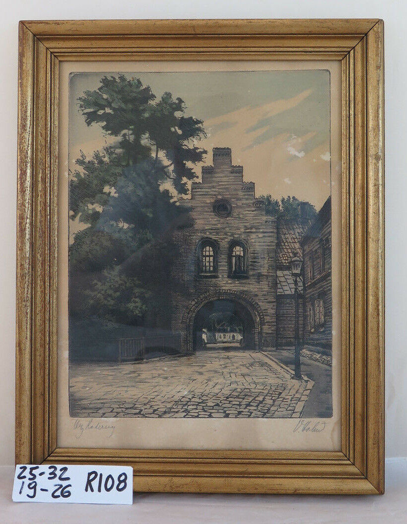 SIGNED ANTIQUE WATERCOLORED PRINT OF DENMARK CITY VIEW WITH FRAME R108