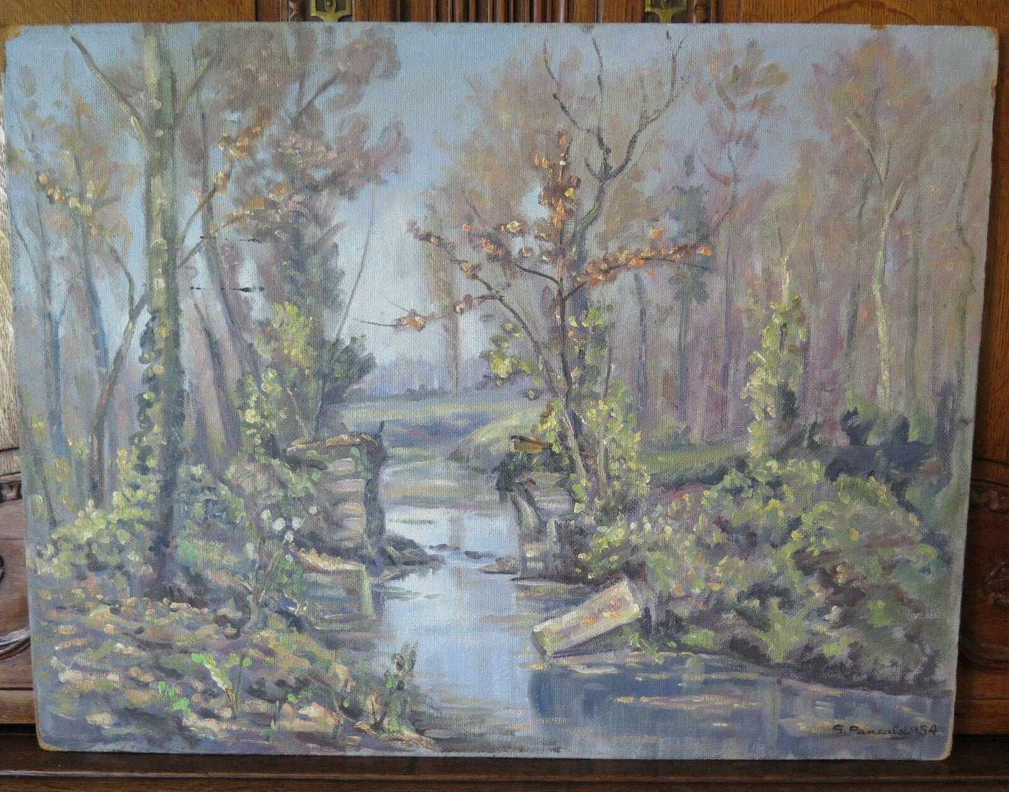 PAESAGGIO IN RIVA AL FIUME QUADRO ANTICO FIRMATO OLIO SU TAVOLA 1954 65x50 p7 - Belbello Antiques