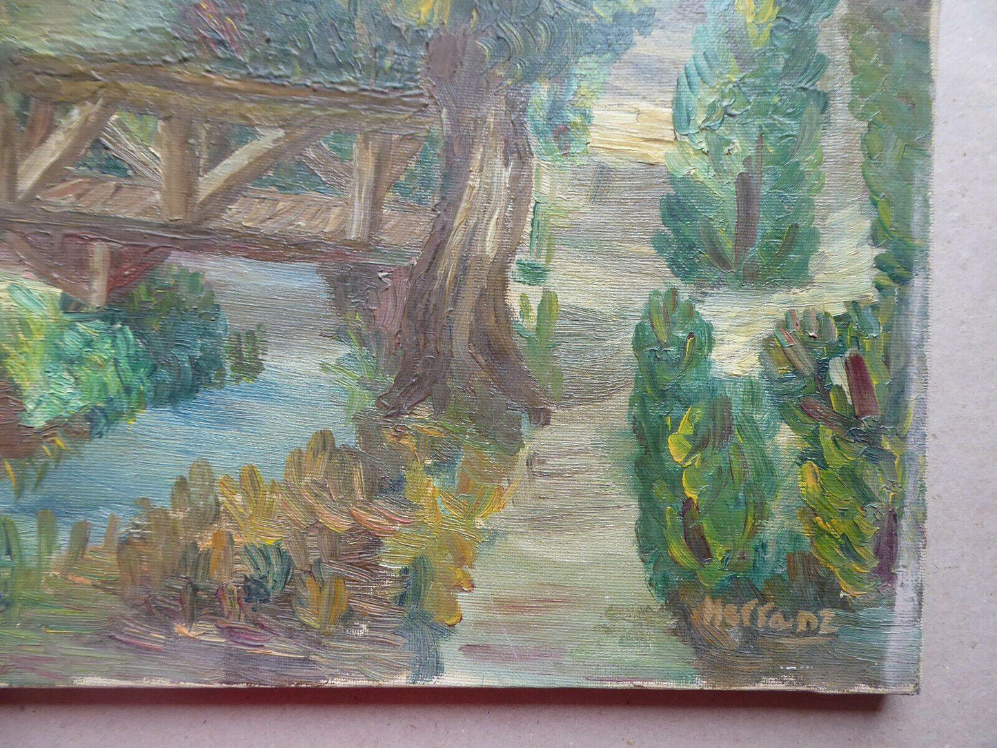 46x38cm QUADRO OLIO TAVOLA VINTAGE PAESAGGIO FIRMATO PITTORE SPAGNOLO MD10 - Belbello Antiques