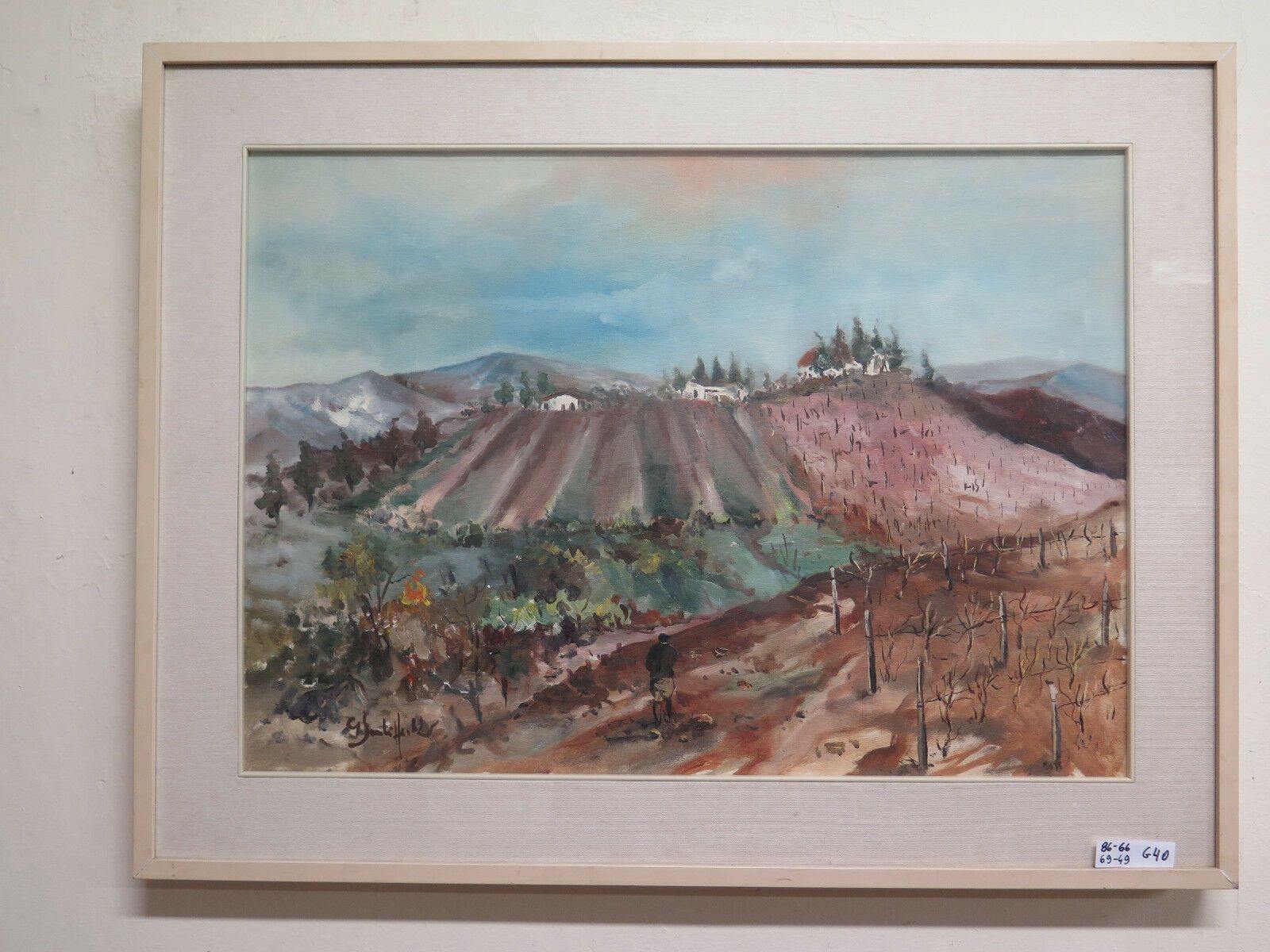 PAESAGGIO DI CAMPAGNA CON VIGNE E FILARI DI VITA QUADRO DIPINTO AD OLIO '900 G40 - Belbello Antiques