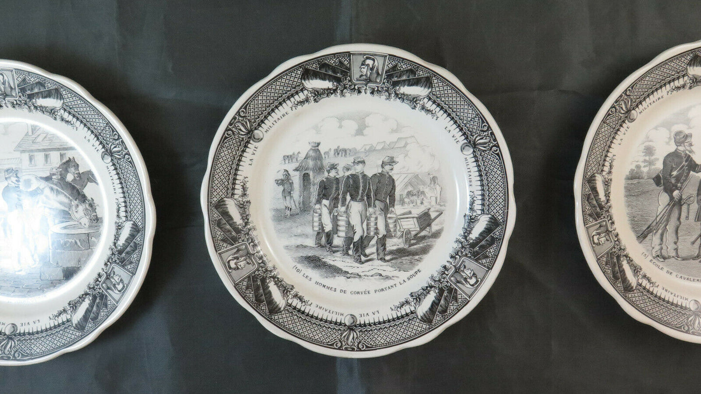 6 CERAMIC PLATES SARREGUEMINES LA VIE MILITAIRE FRANCE PORCELAIN BM32 