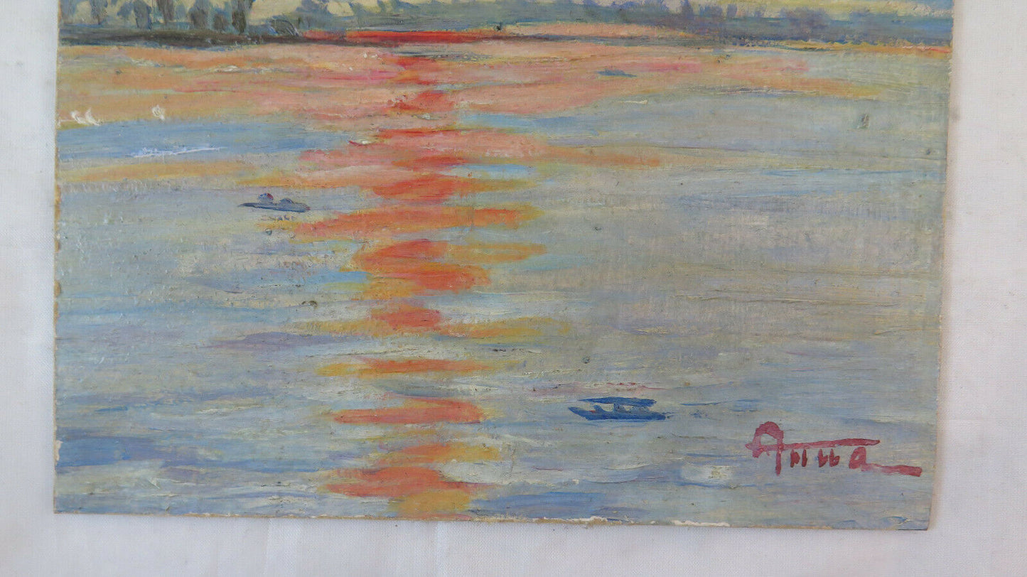 QUADRO AD OLIO SU TAVOLA FIRMATO ANNA GAZZOLA MARINA AL TRAMONTO MARE BM38