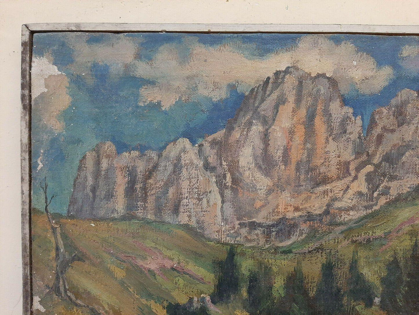 QUADRO OLIO TELA PAESAGGIO MONTAGNE DOLOMITI CATINACCIO Rosengarten DIPINTO P27 - Belbello Antiques