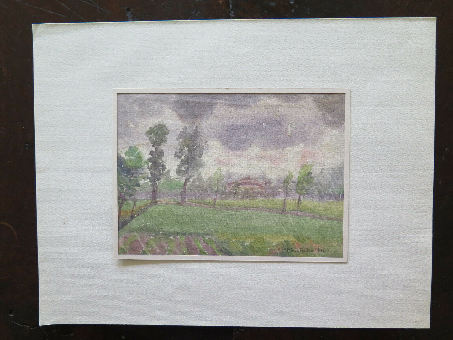 OLD WATERCOLOR PAINTING SIGNED AND DATED 1949 FIELD LANDSCAPE 19x14 cm P14