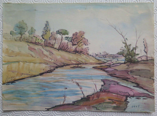 BOZZETTO FIRMATO ORIGINALE 1951 PAESAGGIO DI CAMPAGNA IN RIVA AL FIUME P28.53 - Belbello Antiques