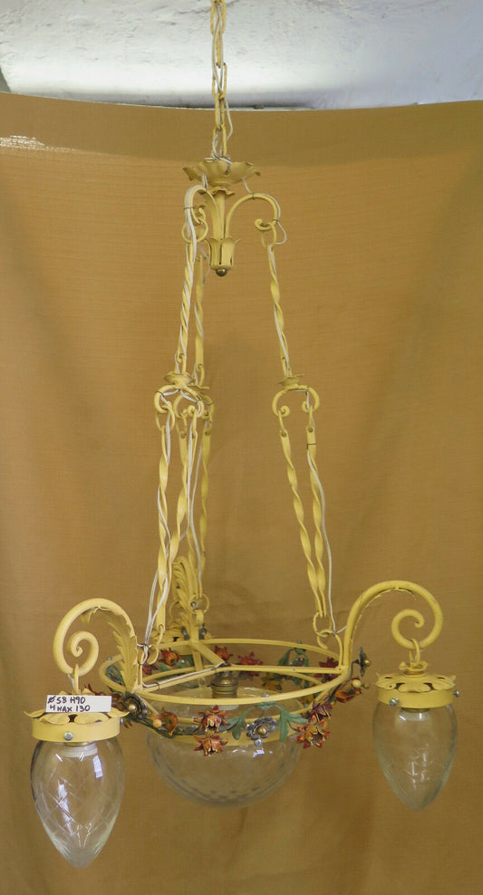 VINTAGE CHANDELIER IN WROUGHT IRON WITH FLOWER AND LEAVES GLASS HANDMADE IN ITALY