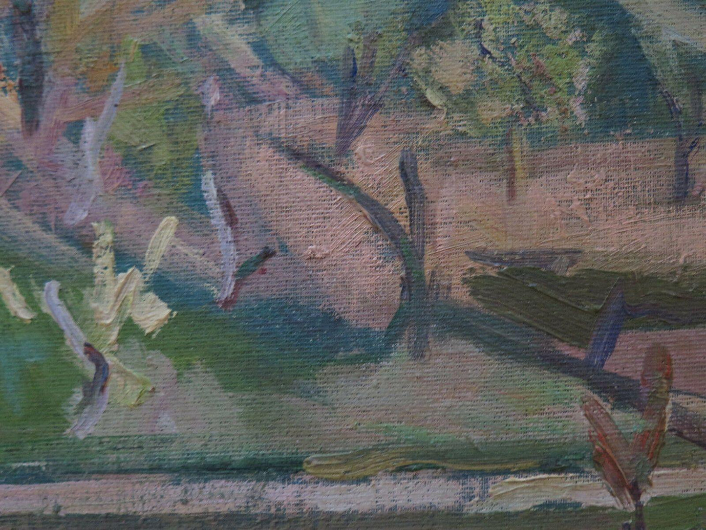 QUADRO ANTICO DIPINTO OLIO SU TAVOLA FIRMATO PAESAGGIO IN PRIMAVERA 100x40 p7 - Belbello Antiques