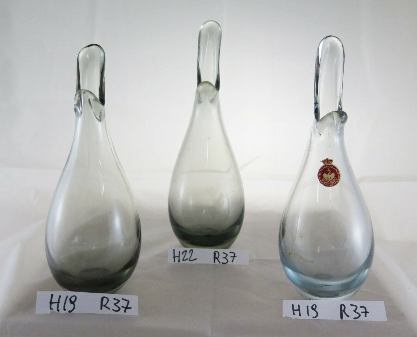 THREE VINTAGE GLASS VASES HOLMEGAARD ​​BEAK VASE DESIGN FOR LUTKEN DENMARK R37