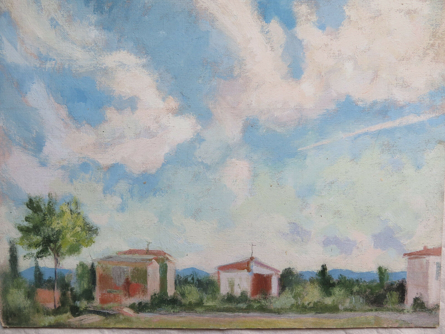 PAESAGGIO DI CAMPAGNA IN PRIMAVERA QUADRO MODERNO 1960 DIPINTO OLIO SU TAVOLA p9