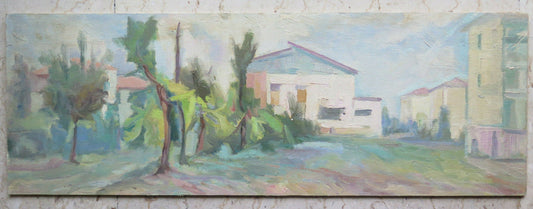 77x27 cm VINTAGE OIL PAINTING FROM THE 60S VIEW OF A VILLAGE PANORAMIC PAINTING P21 