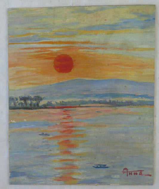 OIL PAINTING ON TABLE SIGNED ANNA GAZZOLA MARINA AT SUNSET SEA BM38 