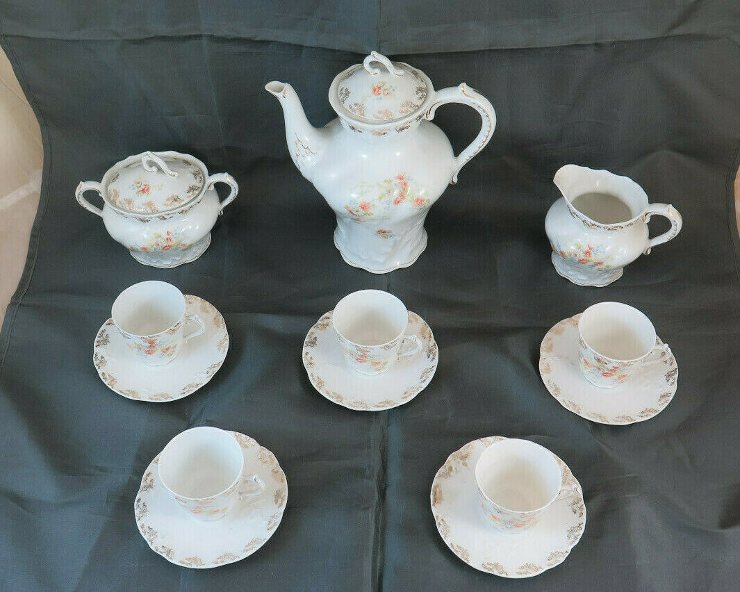 ANTIQUE COFFEE SERVICE WEIMAR GERMANY CUPS SAUCERS SUGAR BOWL BM48 