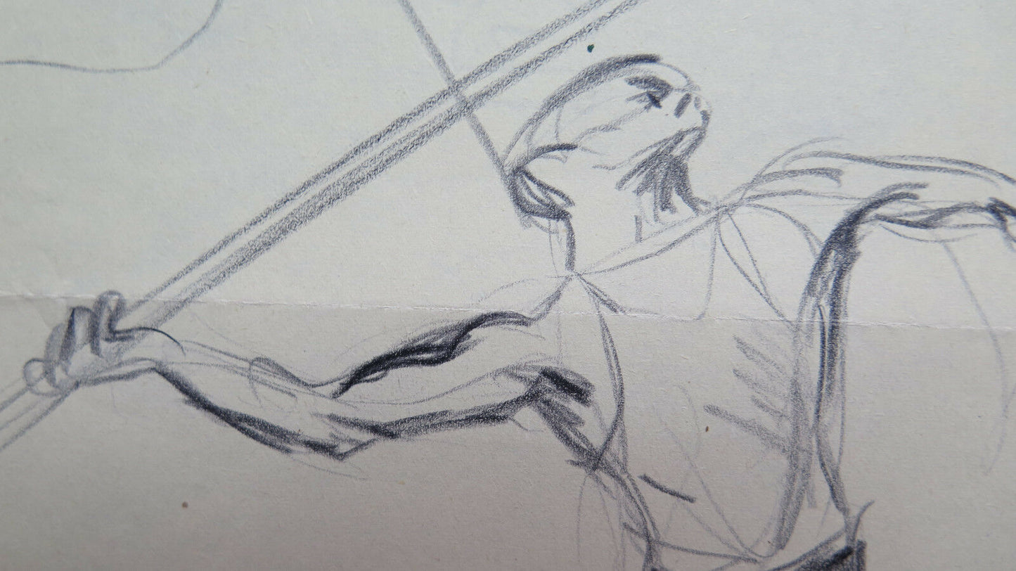 TWO OLD SKETCHES DRAWINGS OF FIGURES OF MARATHON ATHLETES JAVELIN THROW P28.7