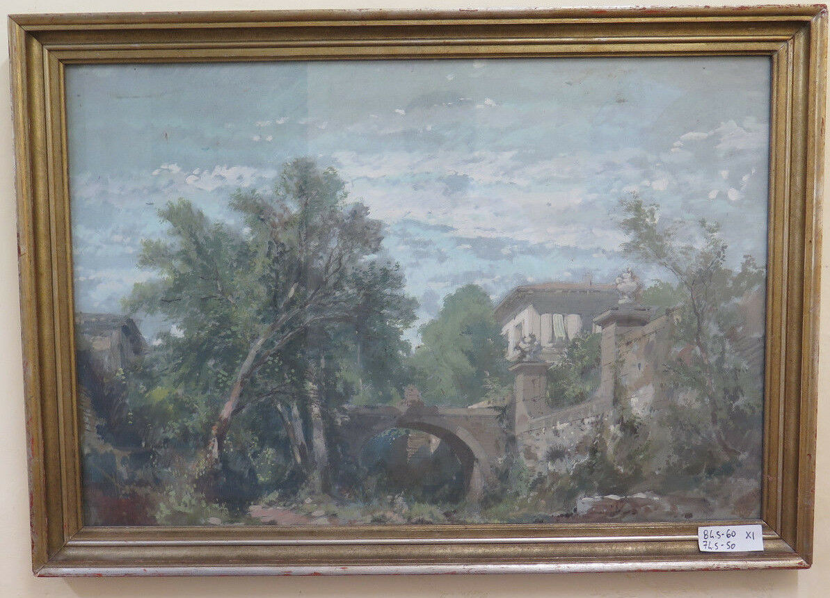 ANTIQUE GOUACHE TEMPERA PAINTING LANDSCAPE EARLY TWENTIETH CENTURY WITH COEVAL FRAME X1