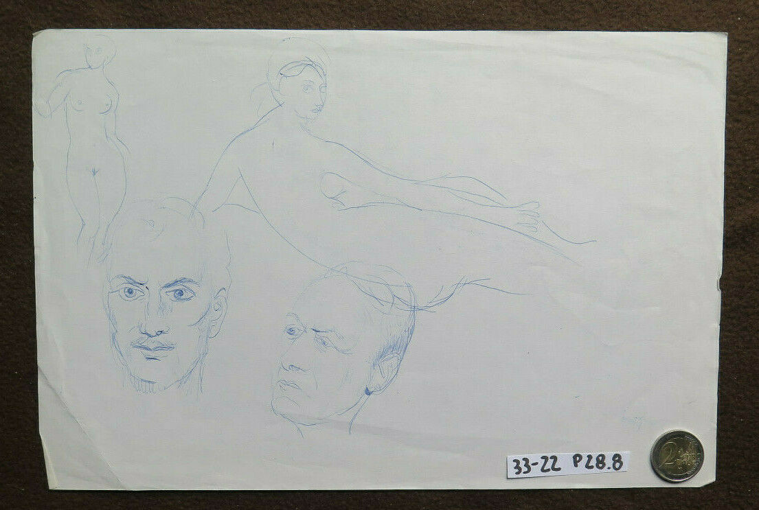 VECCHIO DISEGNO BOZZETTO CON STUDIO PER CORPO UMANO E VOLTI ANNI '60 P28.8