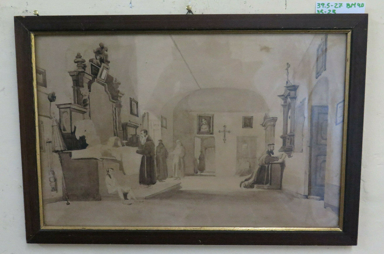 LA SACRESTIA QUADRO ANTICO DIPINTO ACQUERELLO FRATI CHIESA ITALIA '800 BM40