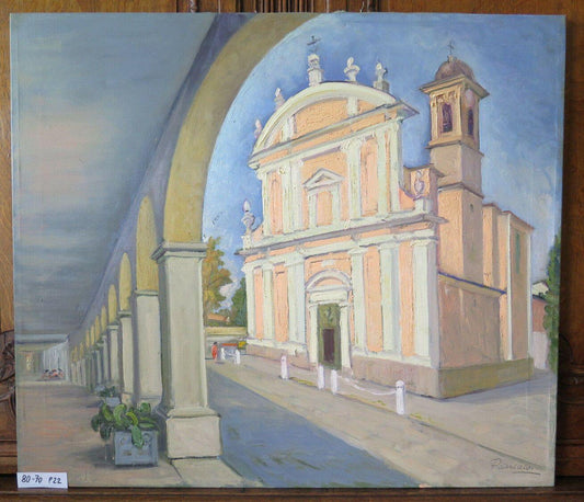 QUADRO ANTICO DIPINTO AD OLIO SU TELA VEDUTA SCORCIO PAESE EMILIA ROMAGNA P22 - Belbello Antiques