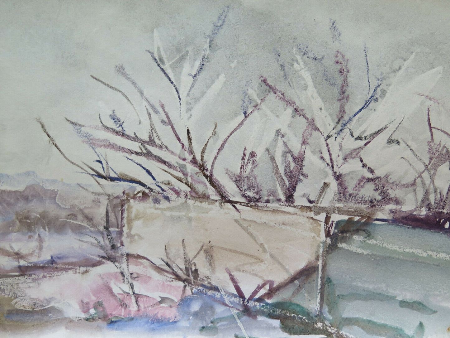 50x35 cm VINTAGE WATERCOLOR PAINTING SNOWY LANDSCAPE WINTER P14