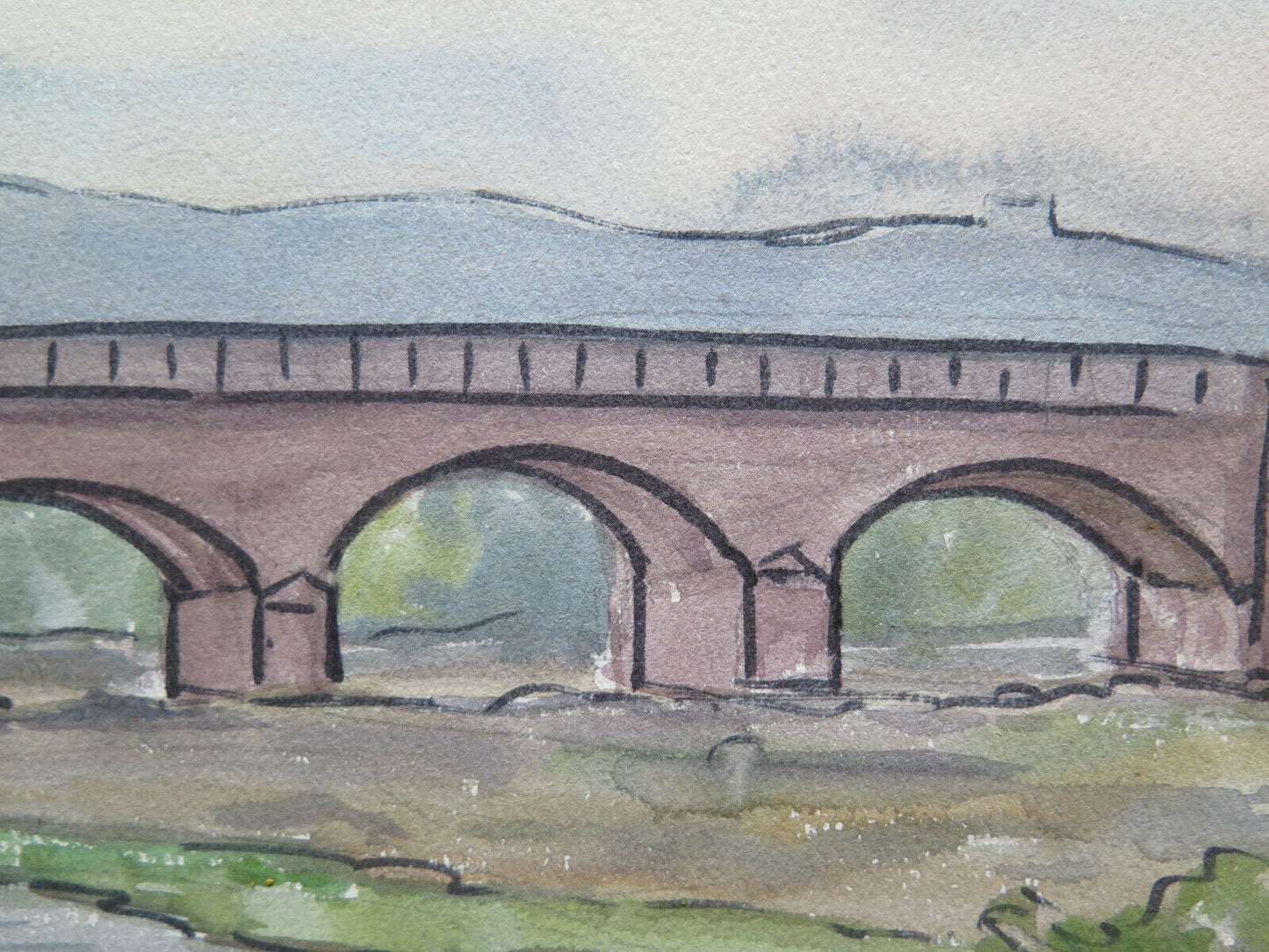 OLD WATERCOLOR PAINTING VIEW OF THE SPILAMBERTO BRIDGE 38x21 cm P14