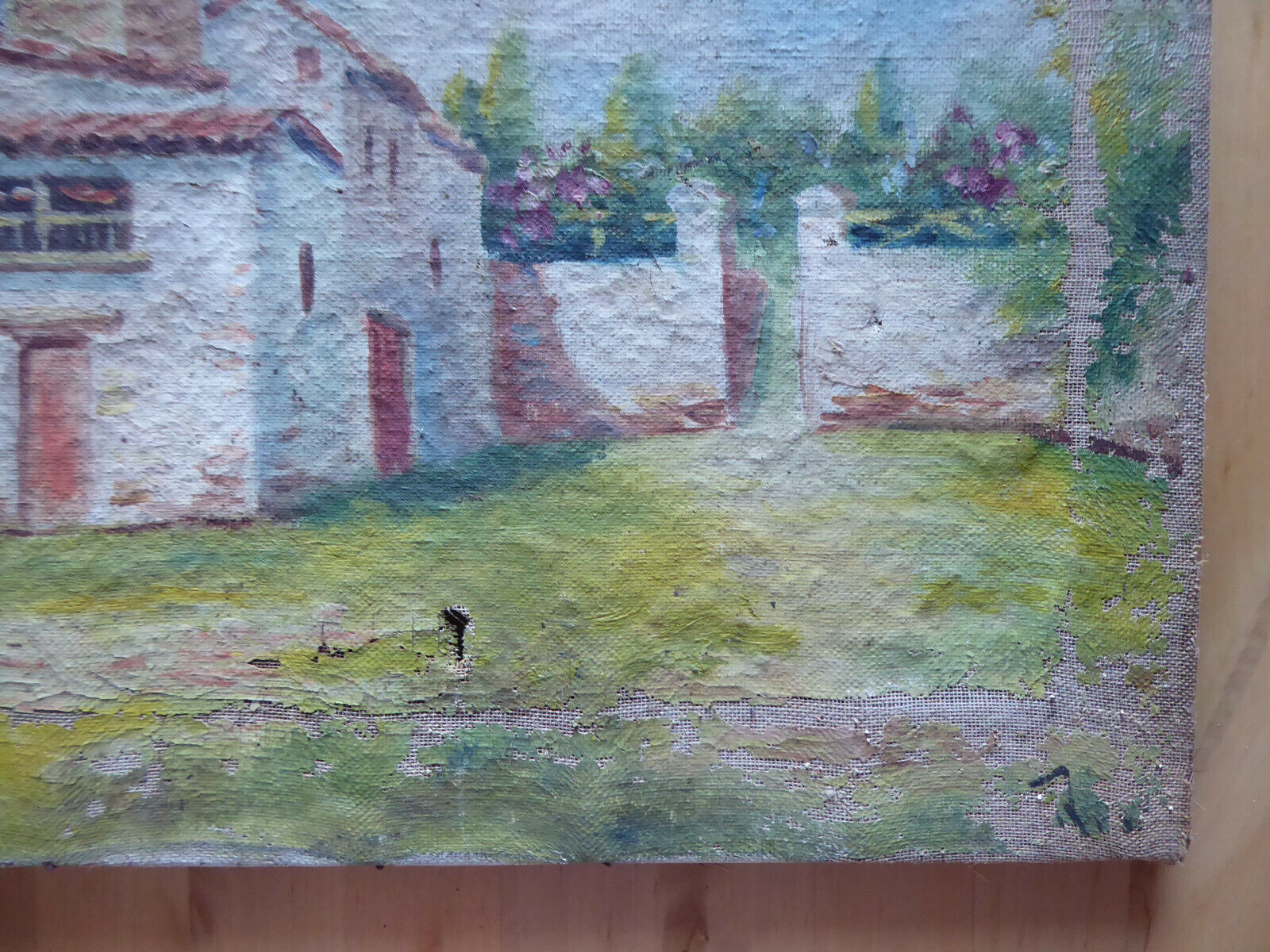 QUADRO ANTICO SPAGNOLO VEDUTA PAESE DI CAMPAGNA DIPINTO OLIO TELA SPAGNA MD7 - Belbello Antiques