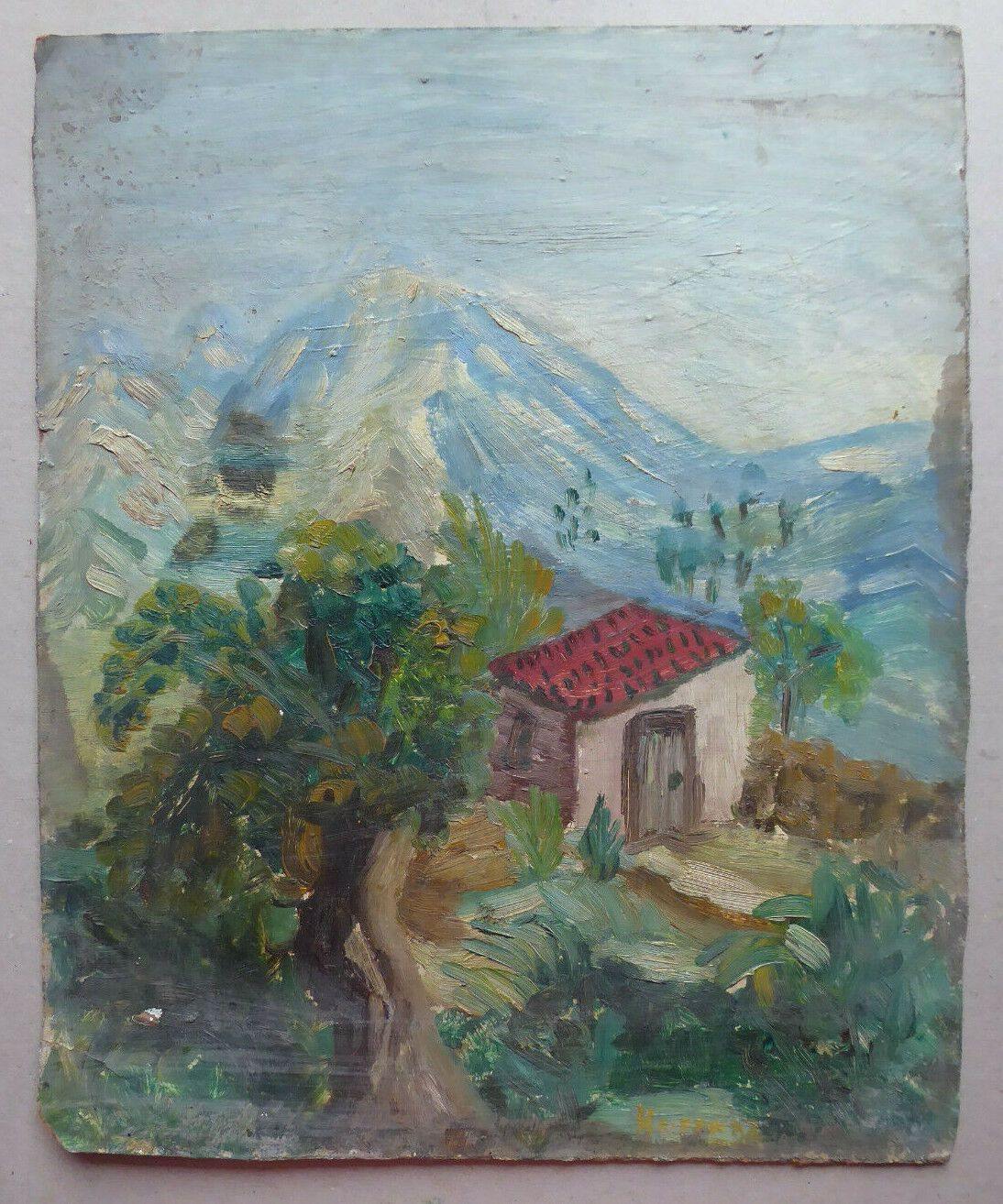 38x46cm QUADRO OLIO TAVOLA VINTAGE PAESAGGIO BOZZETTO PITTORE SPAGNOLO MD10 - Belbello Antiques