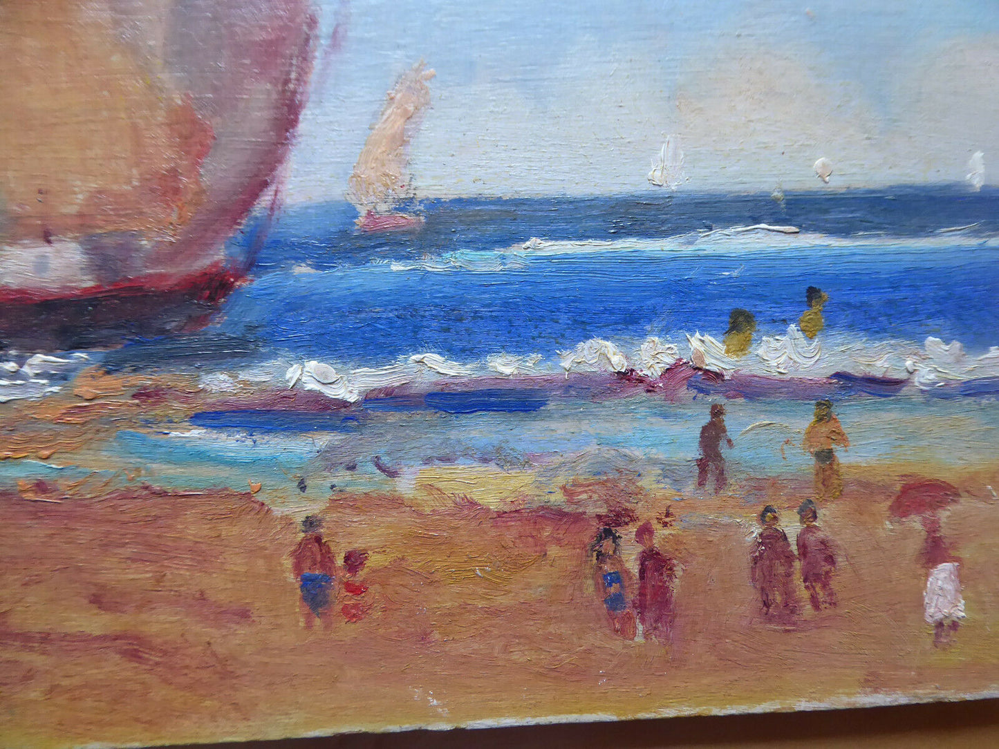 OLD PAINTING OIL SKETCH ON TABLE VIEW OF BLUE SEA WITH BOATS MD1 